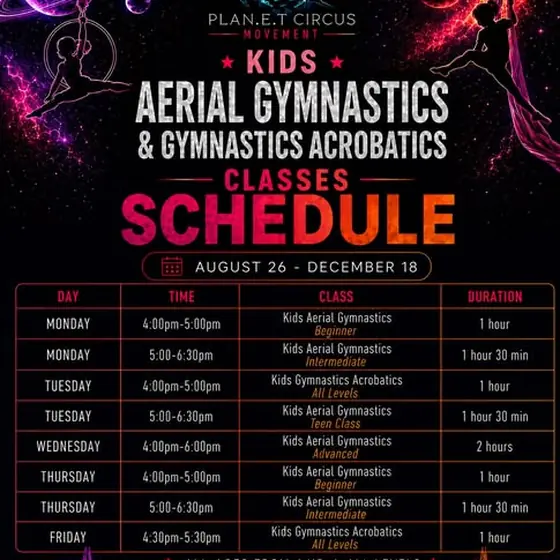 Kids aerial gymnastics and gymnastics acrobatics class schedule, 26 August to 18 December